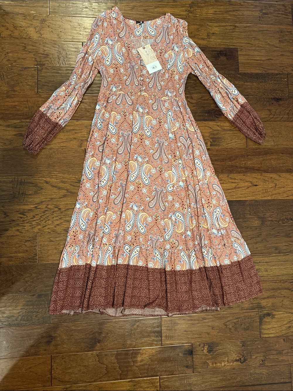 Boho Paisley Long-Sleeve Midi Dress - Brown
